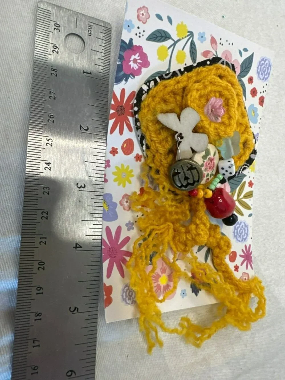 Handmade Brooch OOAK Yellow Crochet Embellished Charm Pin Shabby Chic 5
